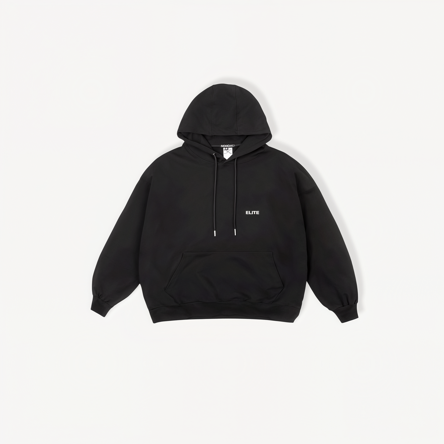 Black hoodie with 'ELITE' logo and ENVOLE branding front view.