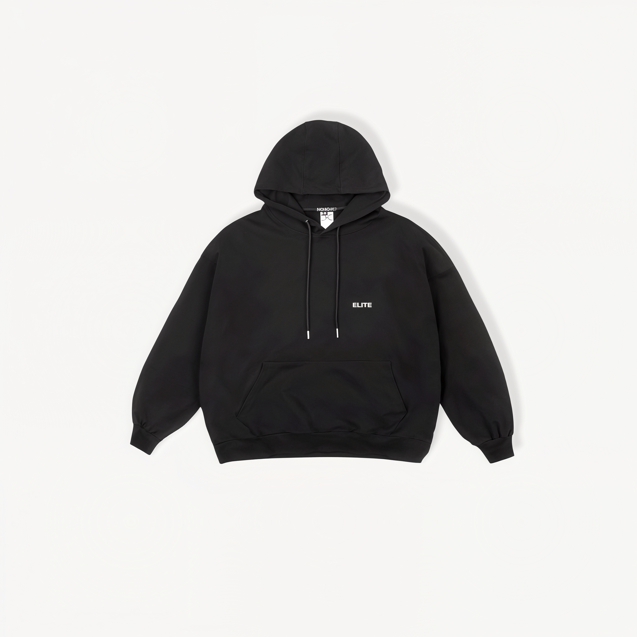 Black hoodie with 'ELITE' logo and ENVOLE branding front view.