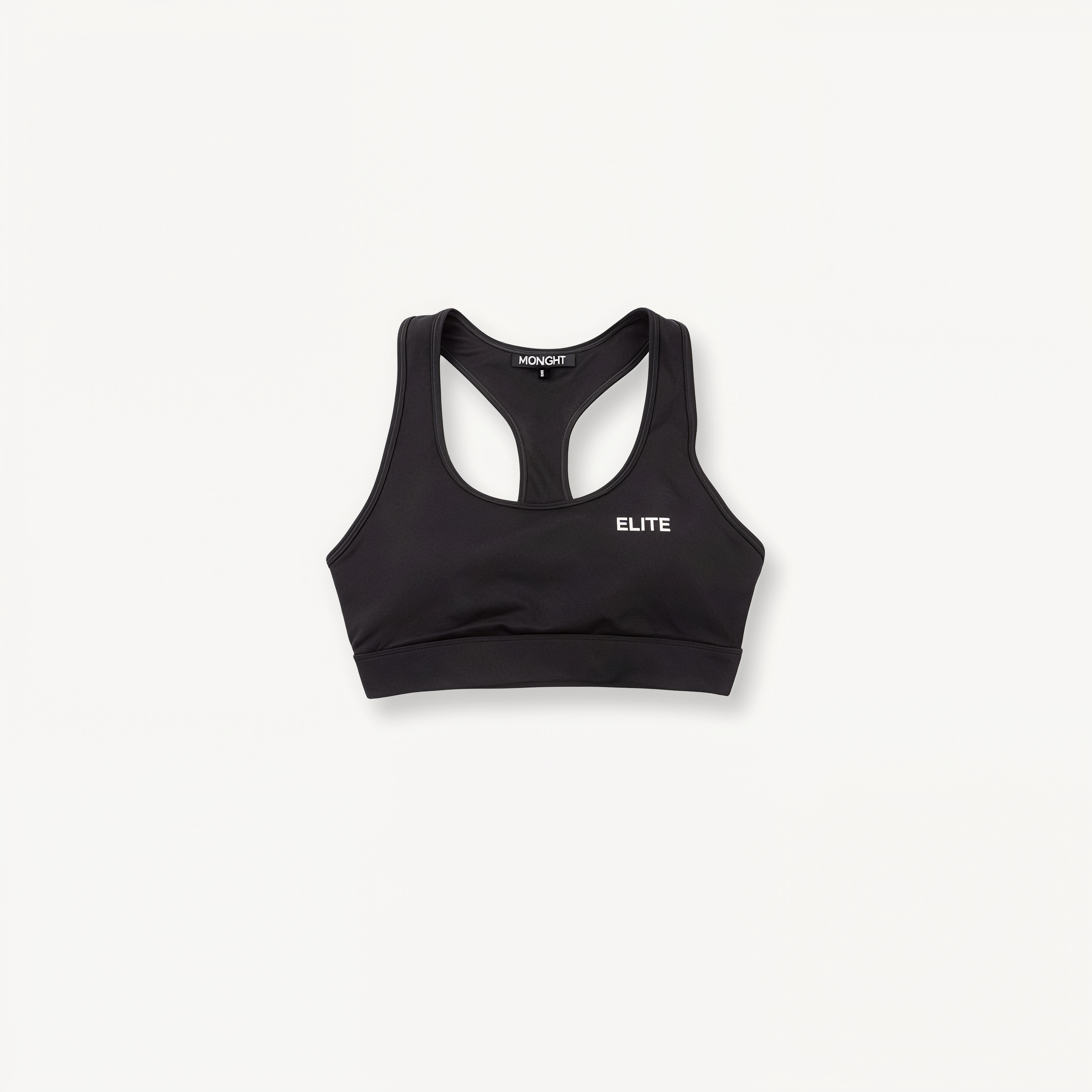 Black sports bra with 'Elite' ENVOLE branding on a white background front view.