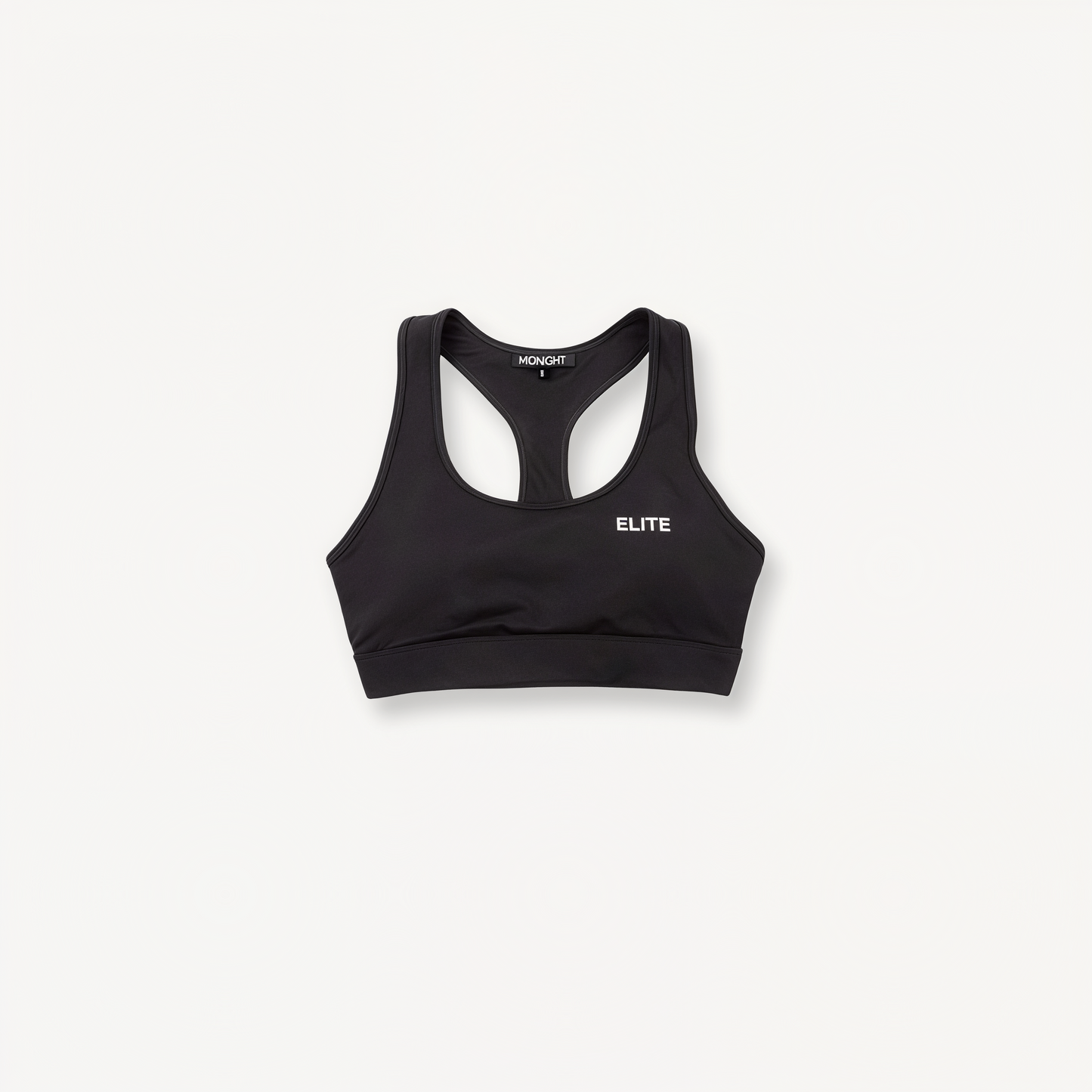 Black sports bra with 'Elite' ENVOLE branding on a white background front view.