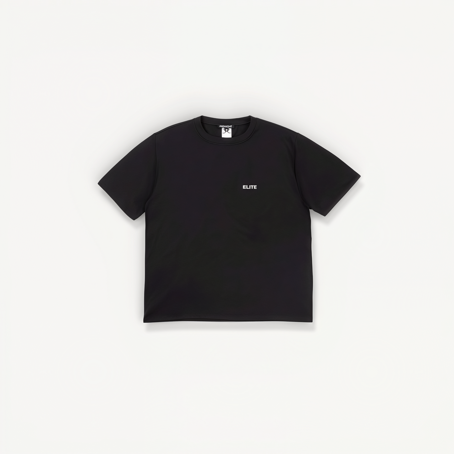 Black athletic t-shirt with ‘Elite’ ENVOLE logo in front of a white background front view.