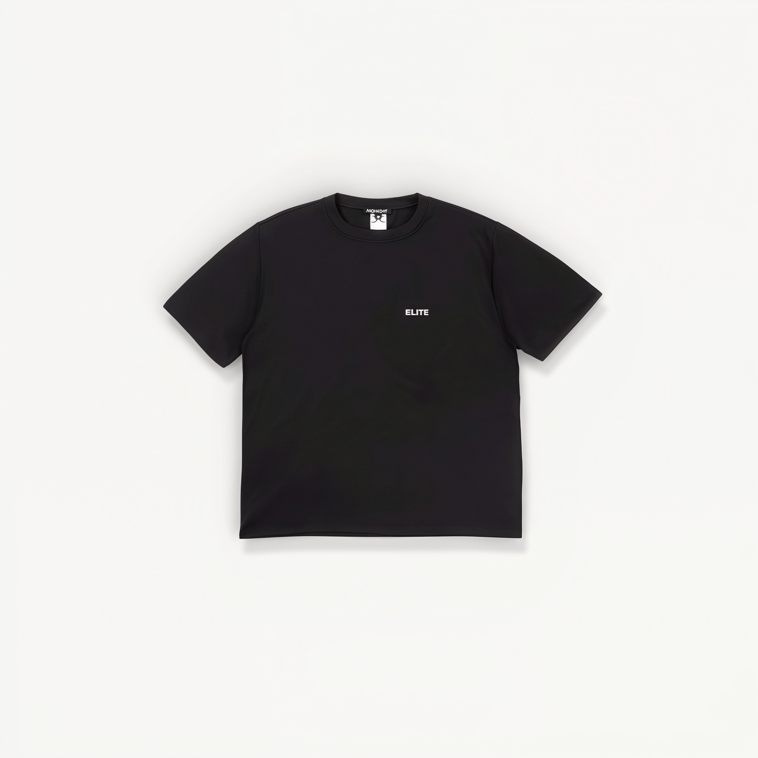 Black athletic t-shirt with ‘Elite’ ENVOLE logo in front of a white background front view.