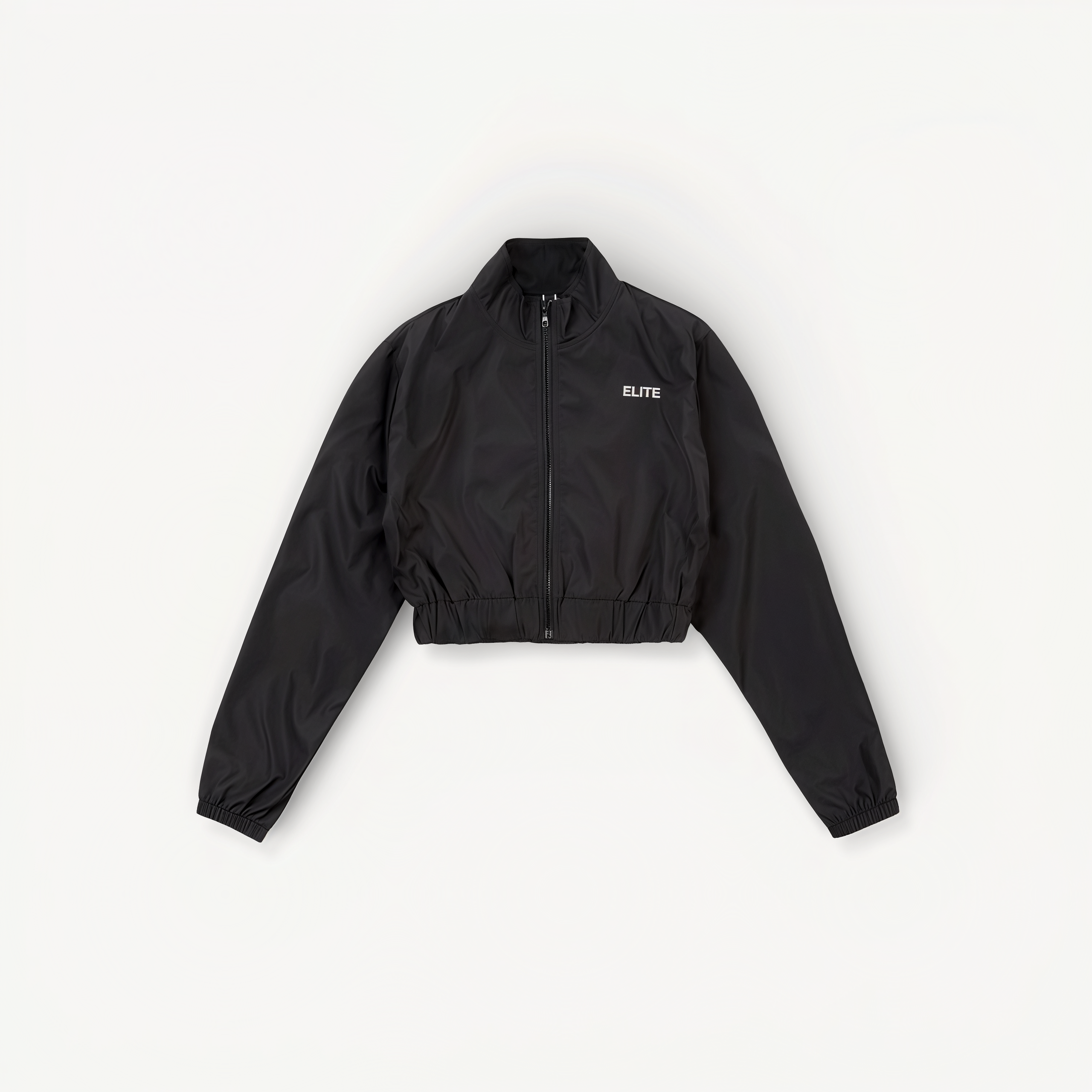 Black cropped jacket with 'ELITE' ENVOLE branding on a white background front view.