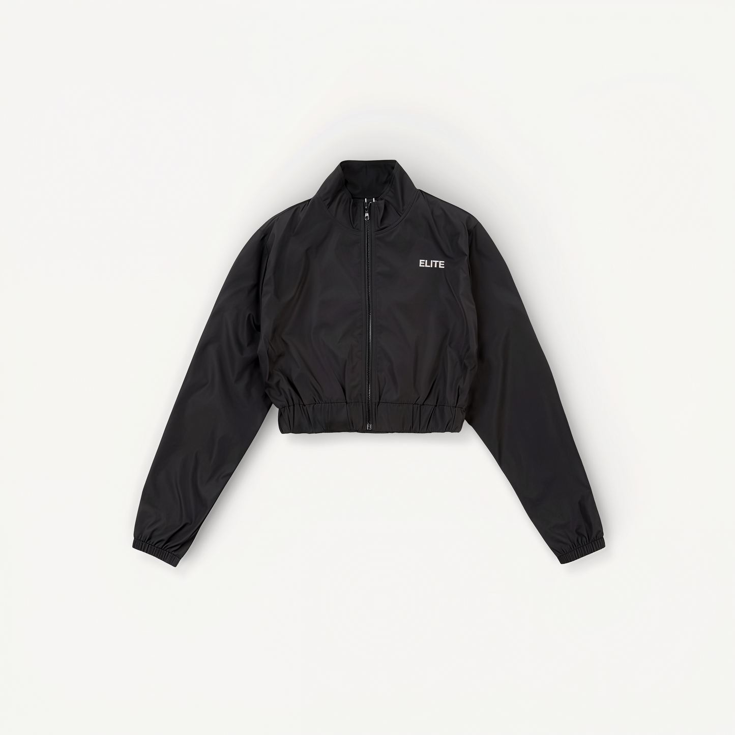 Black cropped jacket with 'ELITE' ENVOLE branding on a white background front view.
