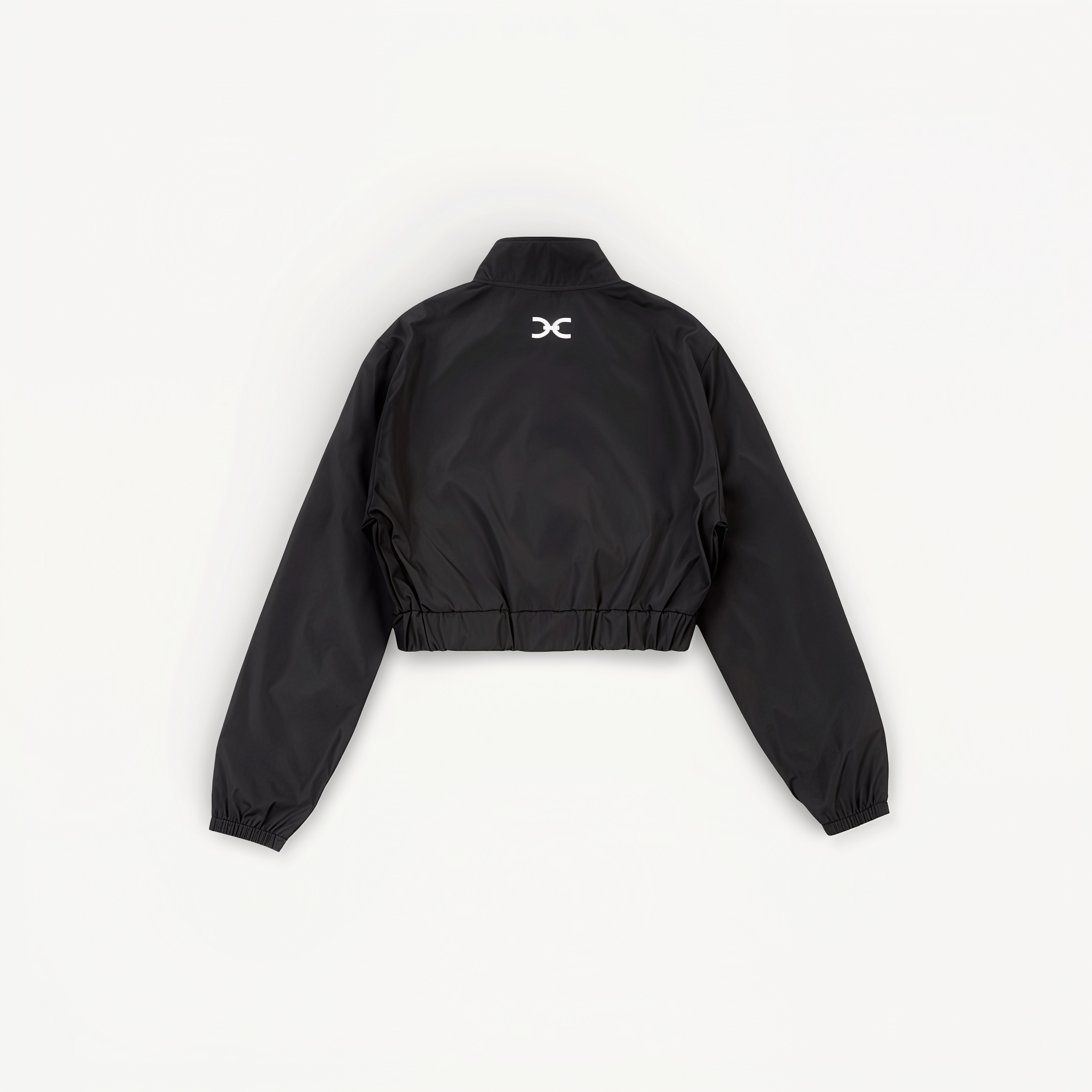 Black cropped jacket with 'ELITE' ENVOLE branding on a white background back view.