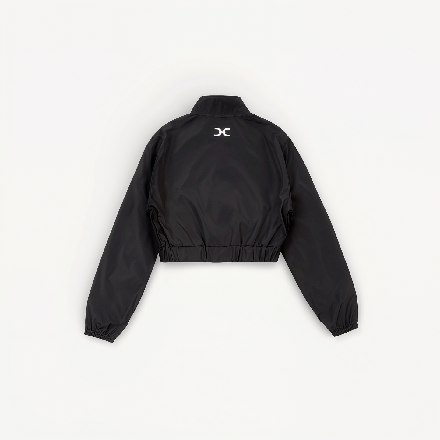 Black cropped jacket with 'ELITE' ENVOLE branding on a white background back view.
