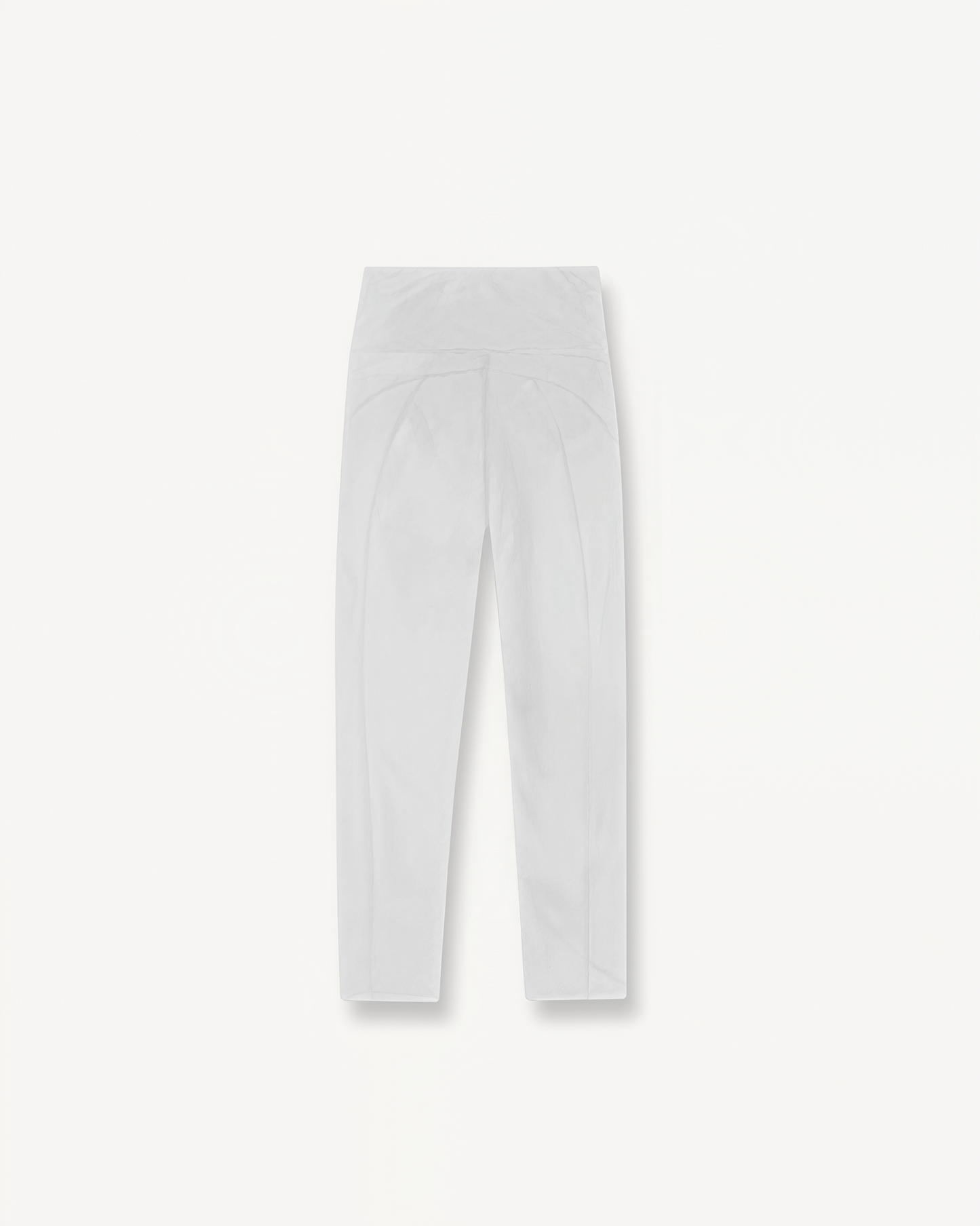 White leggings with a black ENVOLE logo on a light gray background back view.