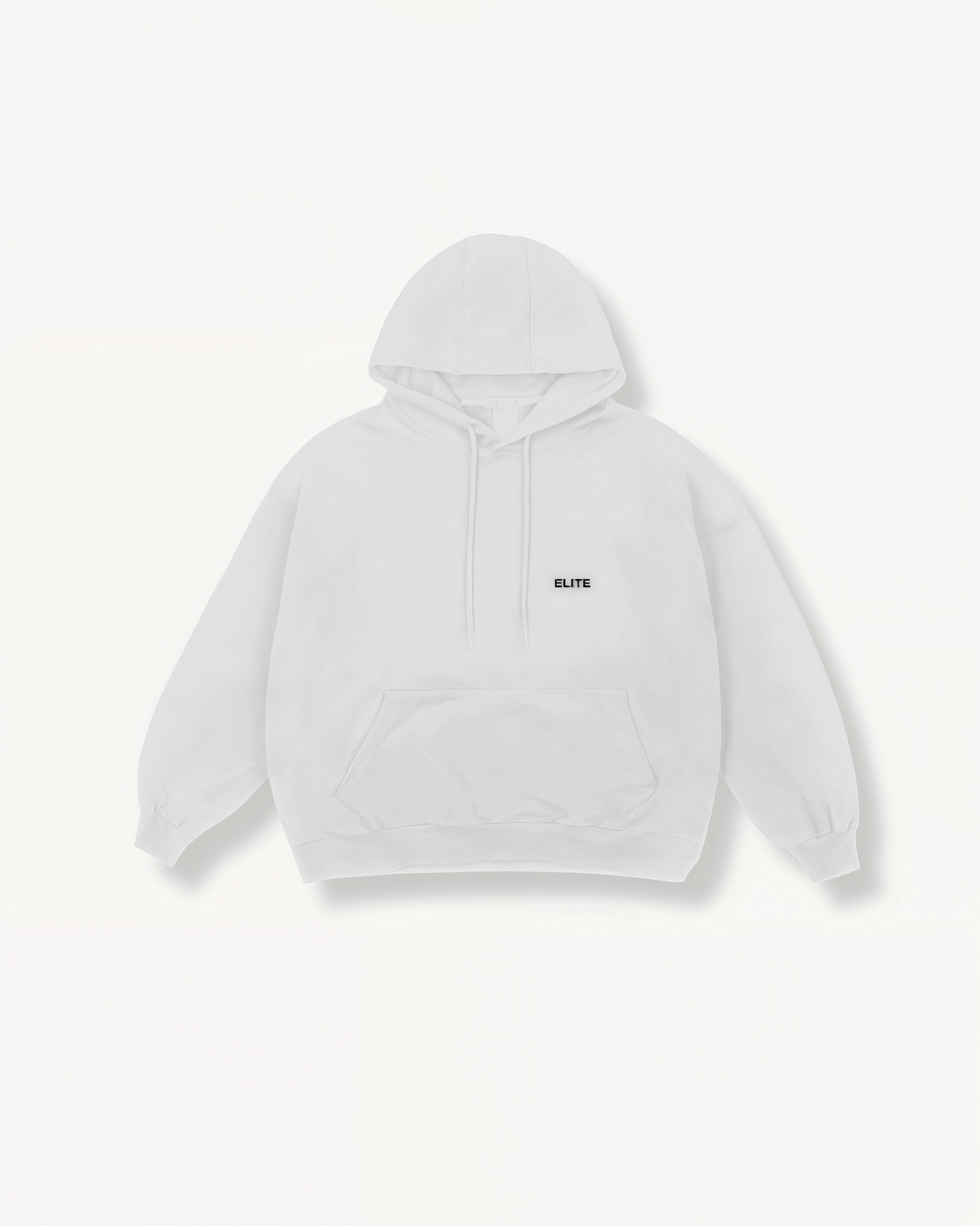 White hoodie with ‘Elite’ ENVOLE logo in front of a light gray background front view.