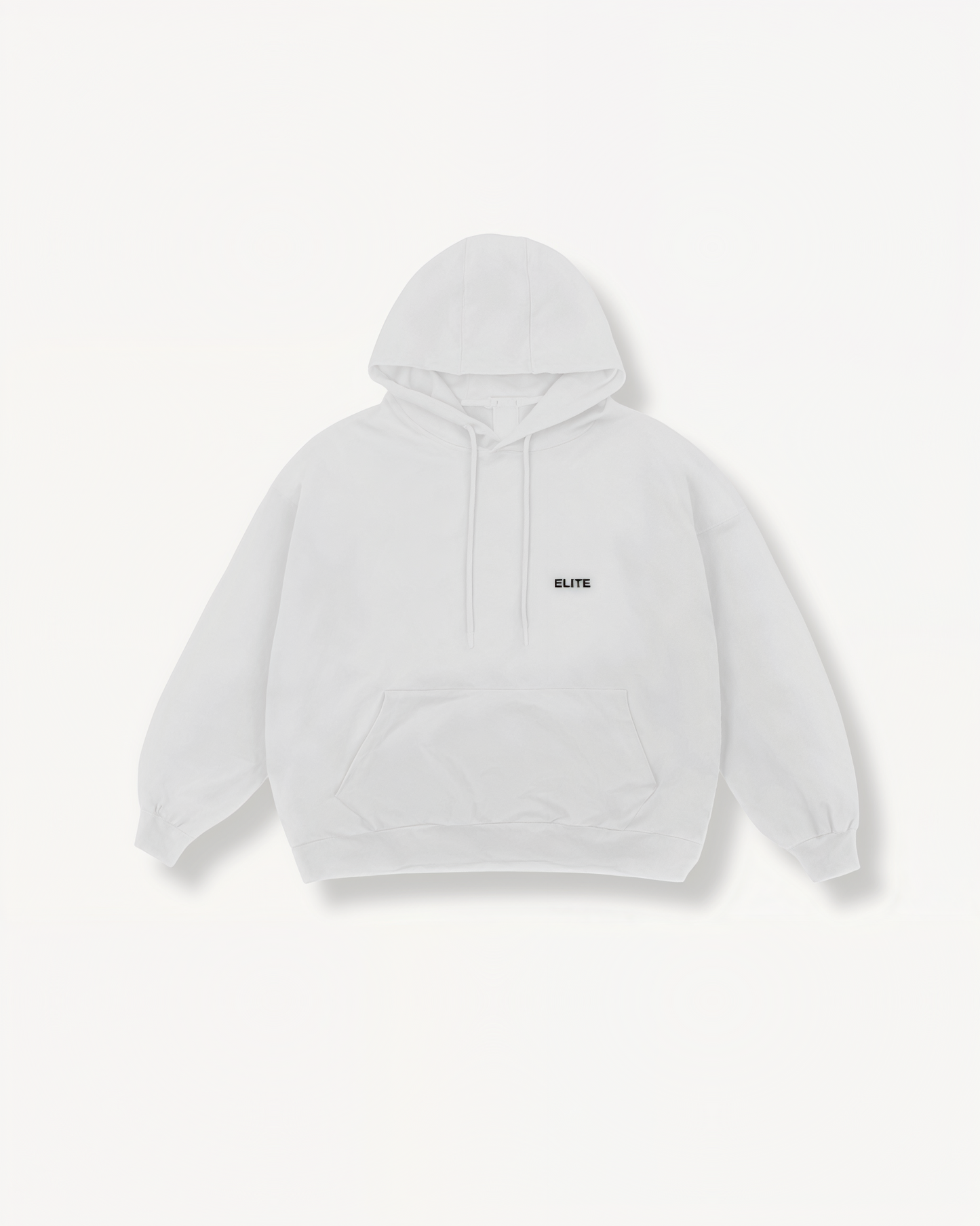White hoodie with ‘Elite’ ENVOLE logo in front of a light gray background front view.