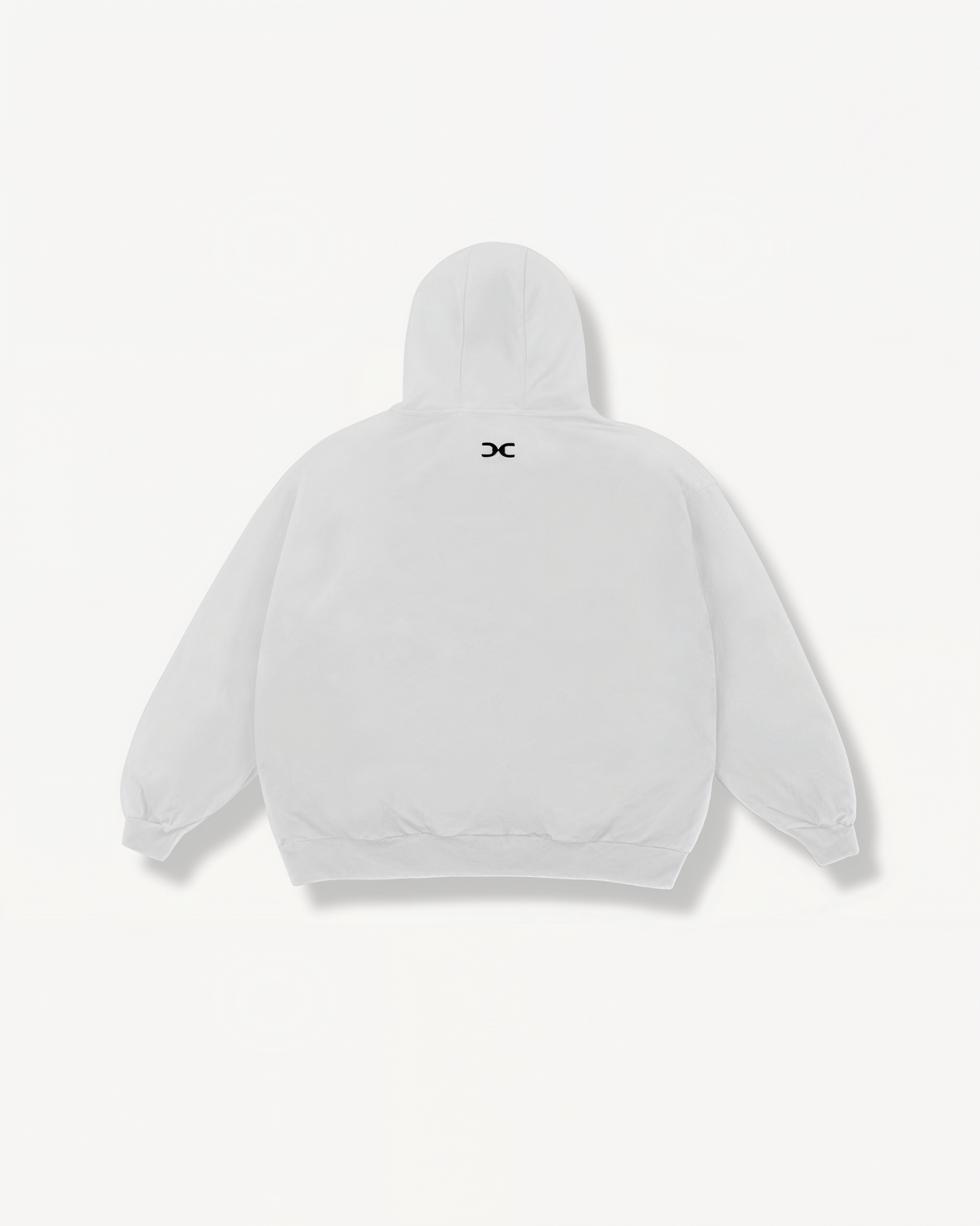 White hoodie with ‘Elite’ ENVOLE logo in front of a light gray background back view.
