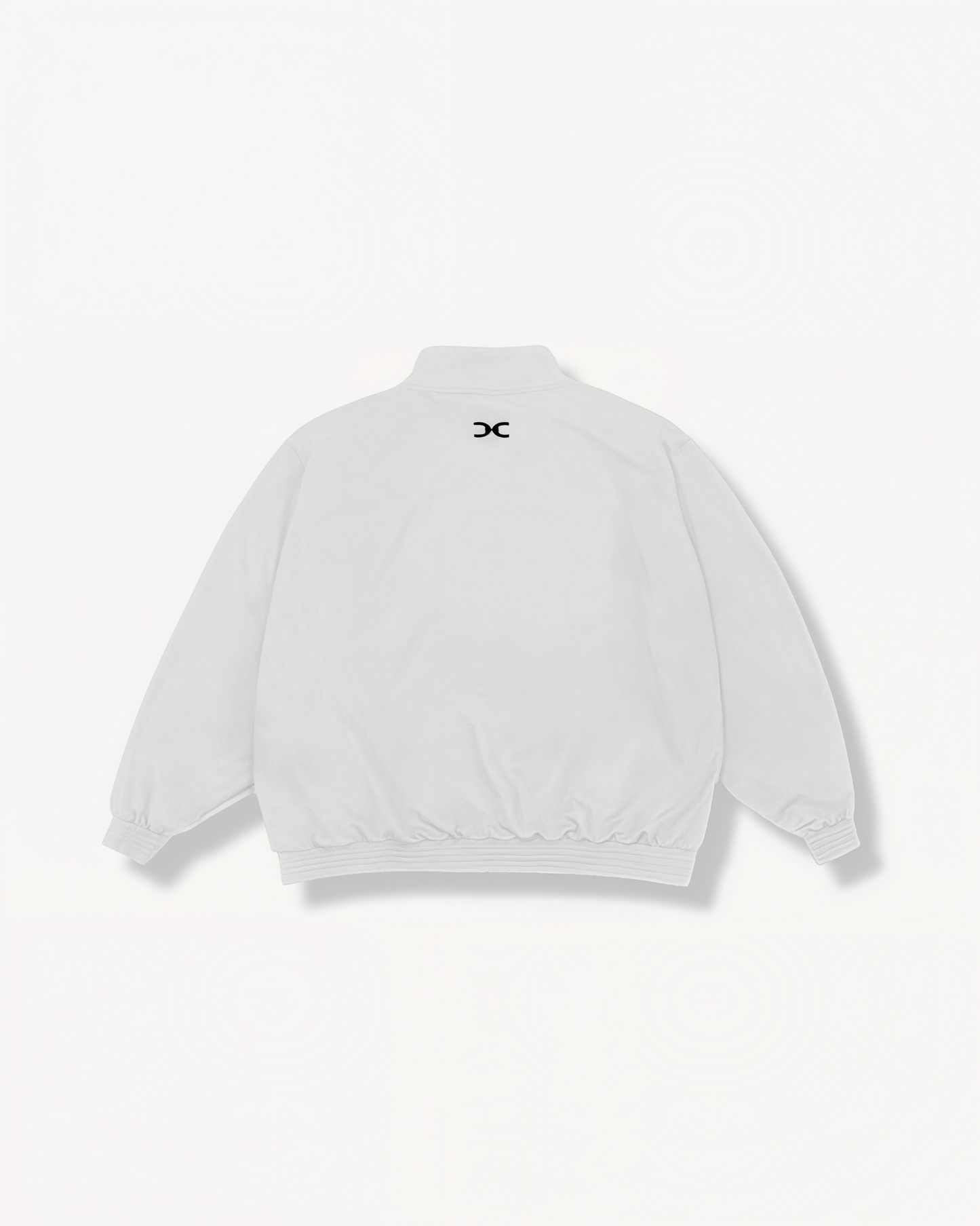 White jacket with ‘Elite’ ENVOLE logo on a light gray background back view.