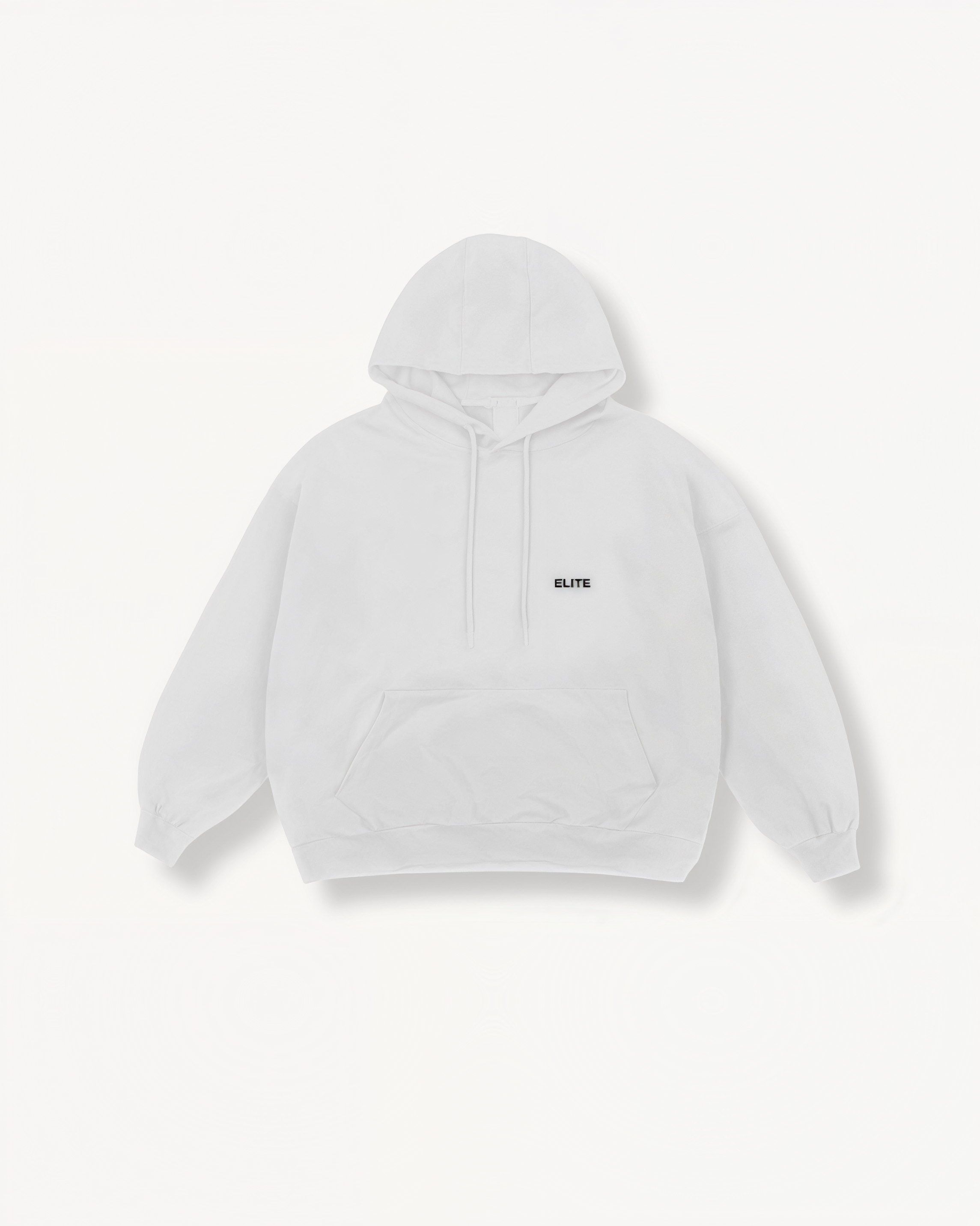 White hoodie with 'ELITE' ENVOLE logo on a white background front view.