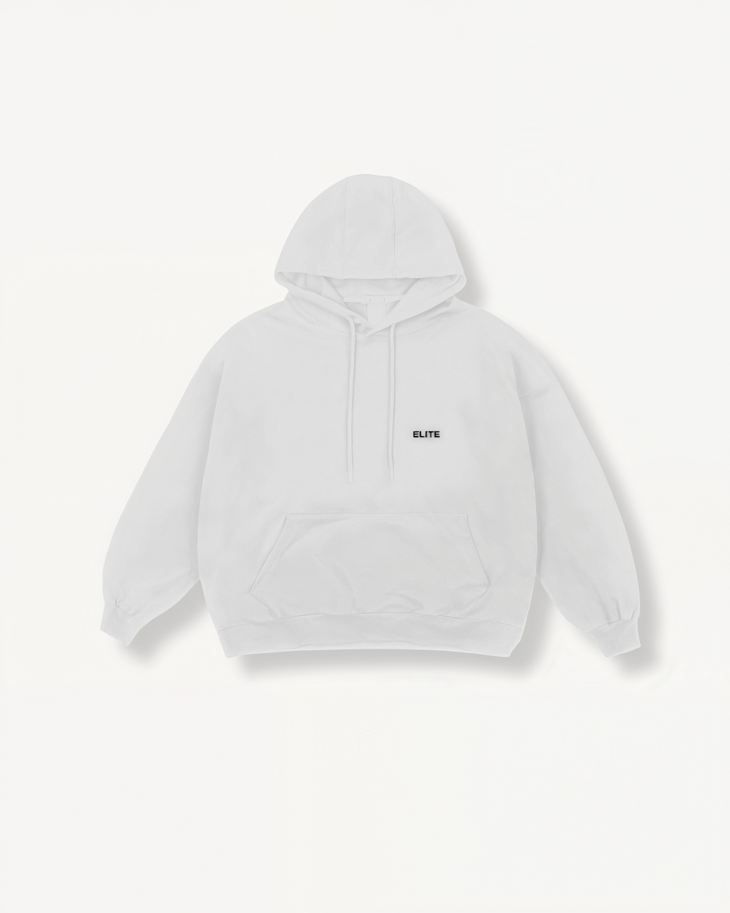 White hoodie with 'ELITE' ENVOLE logo on a white background front view.